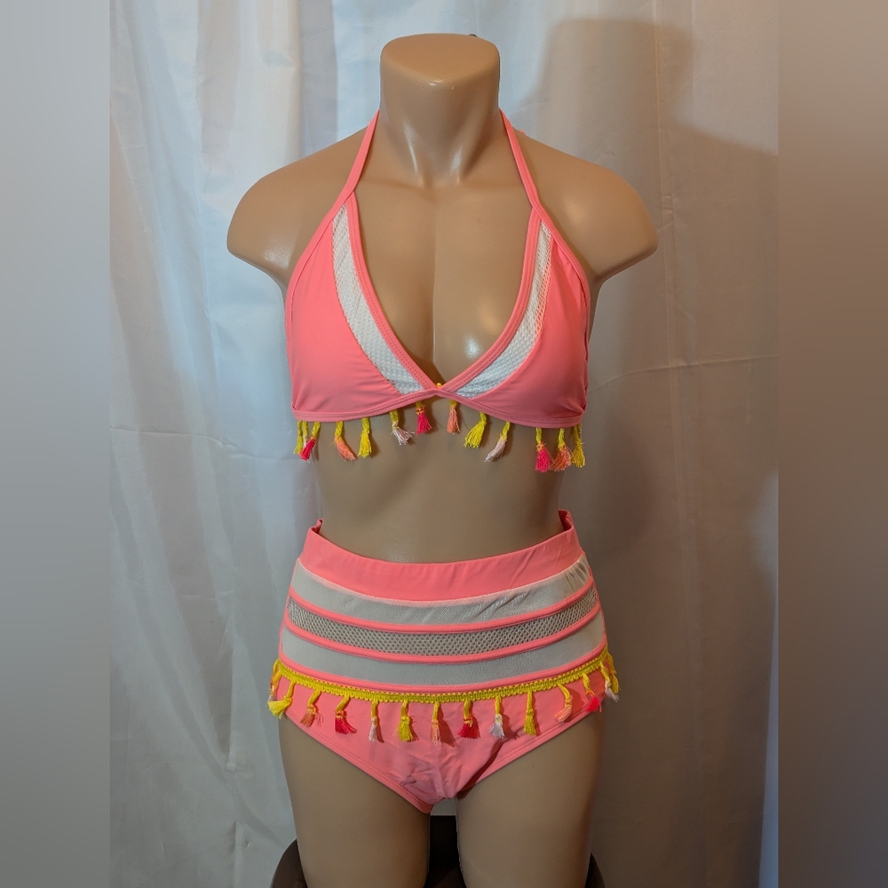 Coral high waist bikini with sarong
